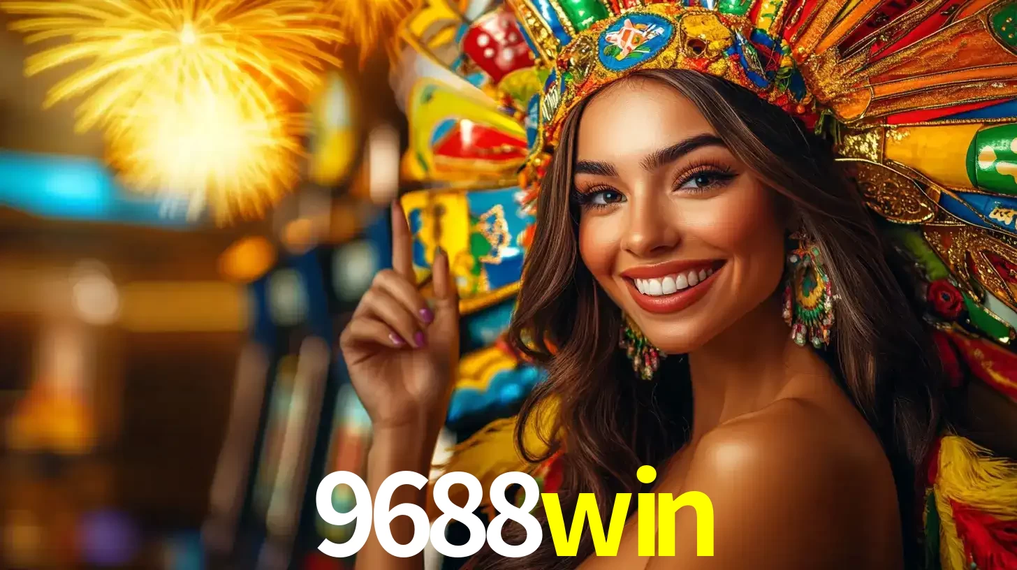 Mulher sorridente com um cocar de carnaval vibrante e colorido, celebrando uma grande vitória nos jogos do cassino 9688win com fogos de artifício ao fundo.