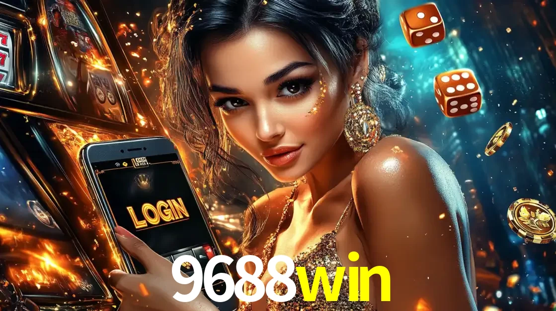 Mulher glamourosa segurando um celular com a tela de login do cassino 9688win, rodeada por dados e moedas douradas, pronta para começar a diversão.