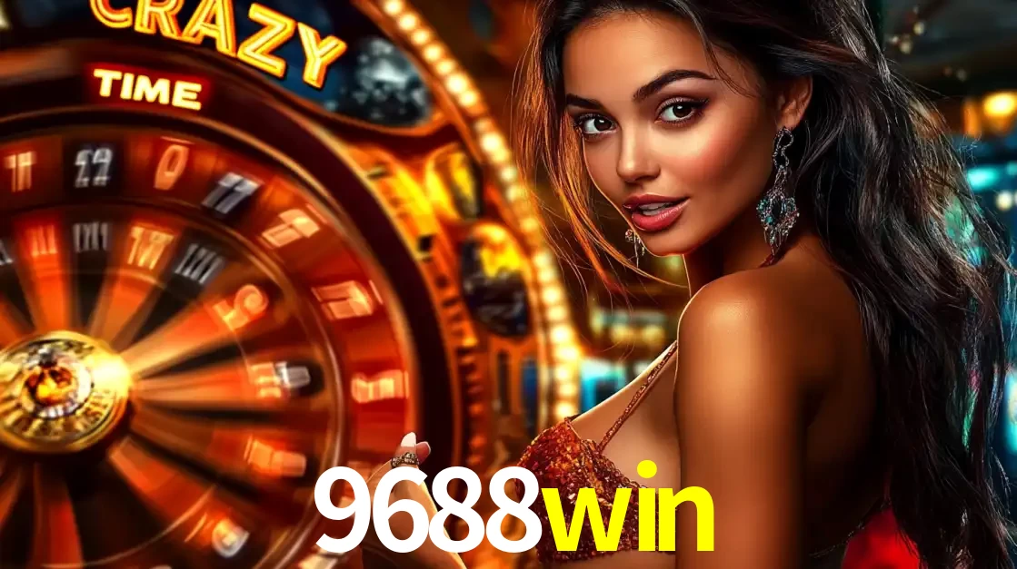 Mulher ao lado da roda de prêmios do jogo de cassino ao vivo Crazy Time, um dos shows de jogos mais emocionantes oferecidos pela plataforma de apostas 9688win.