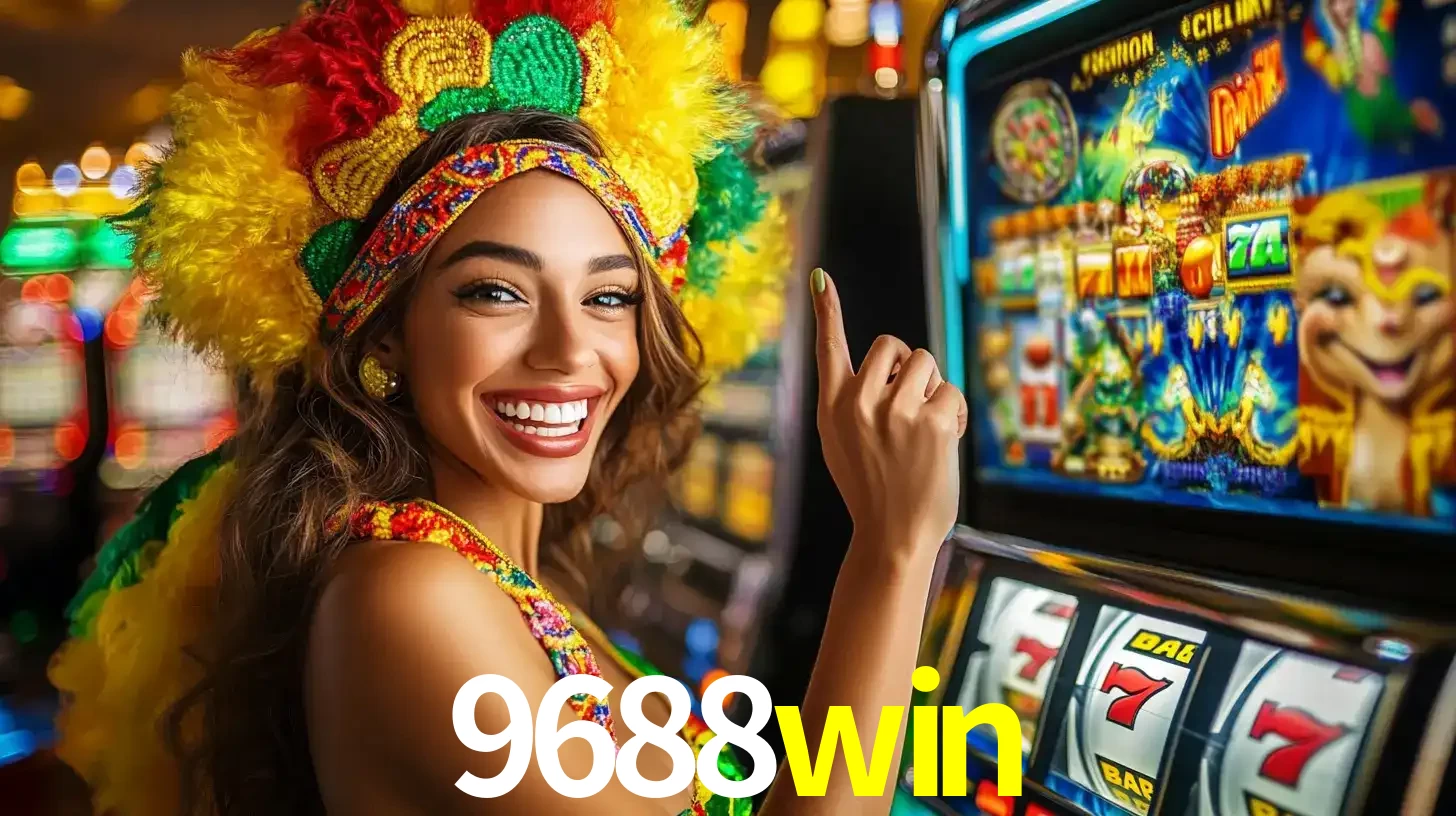 Mulher animada com um cocar de carnaval apontando para uma máquina de caça-níqueis, mostrando a emoção de ganhar um grande prêmio nos jogos do 9688win.