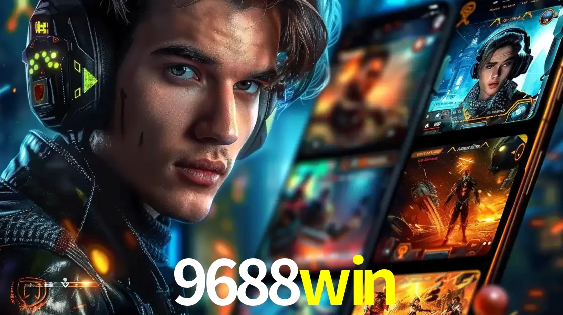 Jovem jogador com fones de ouvido olhando para a câmera, com um aplicativo de jogos e e-sports para celular ao fundo, pronto para a competição e apostas no 9688win.