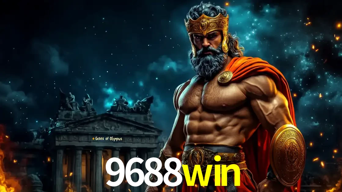 O poderoso Zeus do jogo de slot Gates of Olympus em frente ao seu templo, pronto para lançar multiplicadores divinos e prêmios épicos no cassino online 9688win.