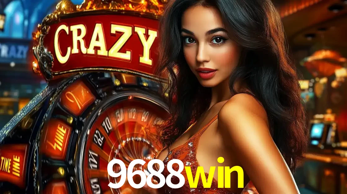 Mulher glamourosa olhando para a câmera com a roda vermelha do Crazy Time ao fundo em um ambiente de cassino, destacando a emoção dos jogos ao vivo no 9688win.
