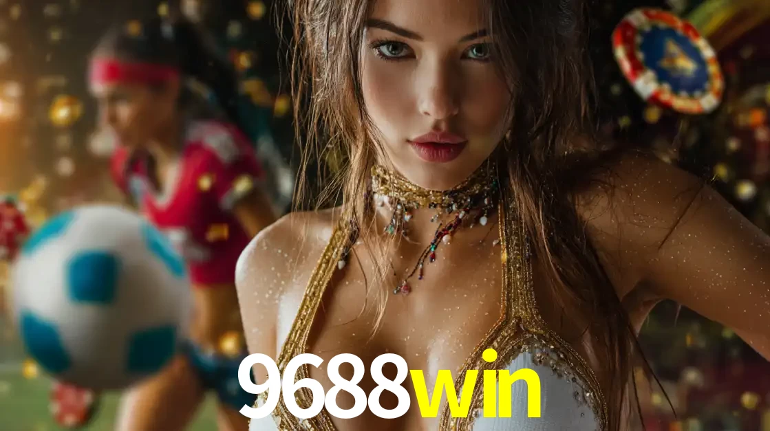 Mulher elegante representando a combinação de glamour e emoção das apostas esportivas, com uma jogadora de futebol ao fundo, destacando a ação no 9688win.