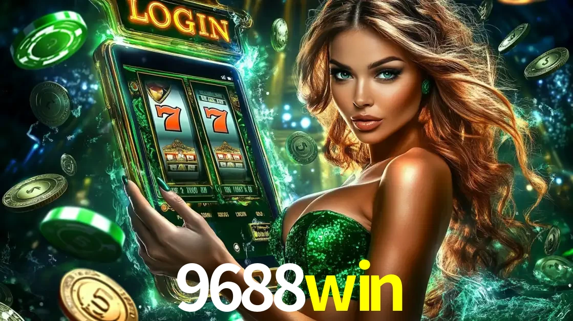 Mulher com tema verde apresentando o aplicativo do cassino 9688win com um jogo de slot de 777, cercada por fichas de cassino e uma aura de sorte.