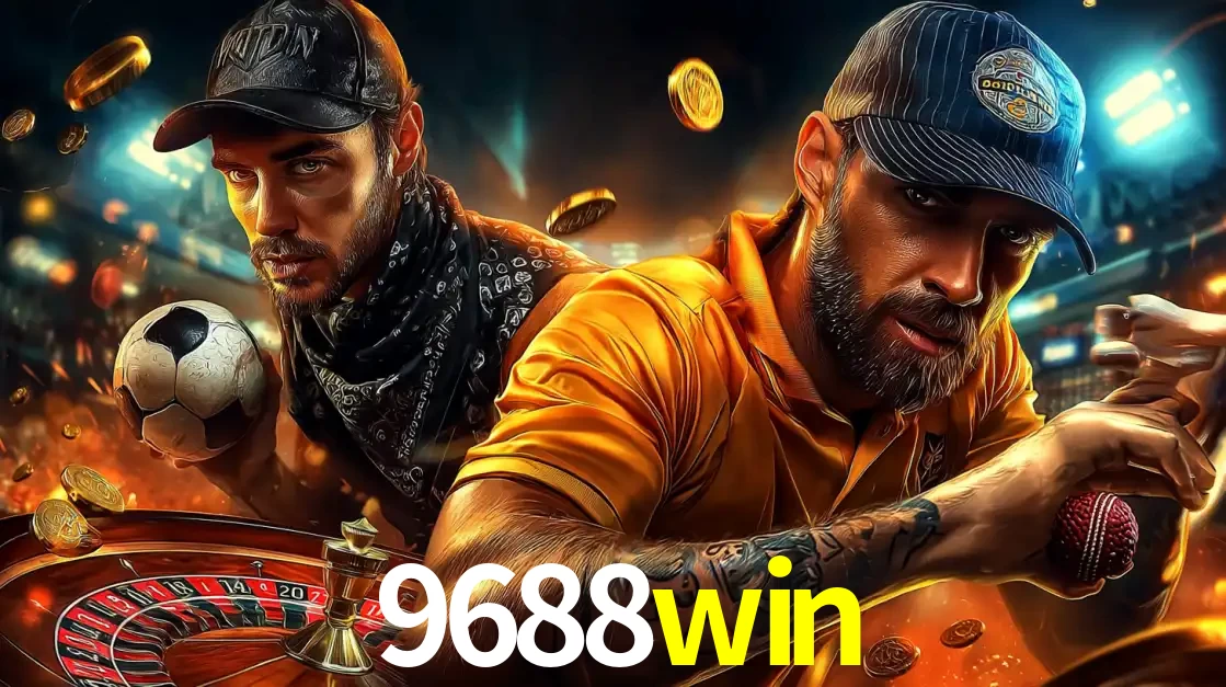 Montagem de apostas esportivas e cassino no 9688win, com um homem segurando uma bola de futebol e outro uma de beisebol sobre uma roleta e moedas voadoras.