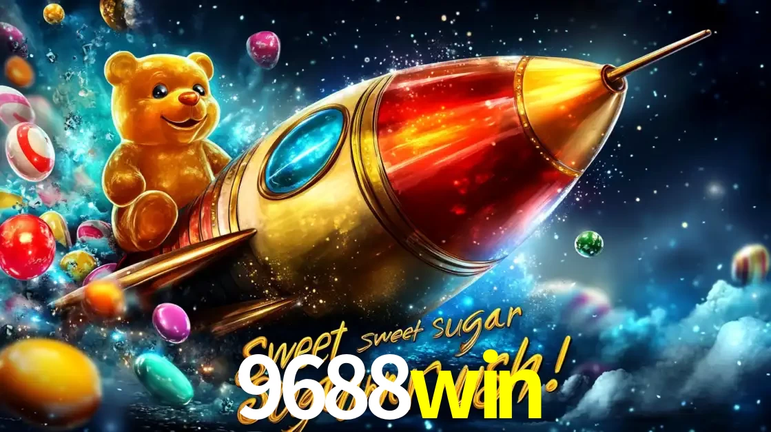 Arte promocional do jogo de slot Sugar Rush, com um urso de pelúcia em um foguete viajando pelo espaço de doces, um dos jogos divertidos disponíveis no cassino 9688win.