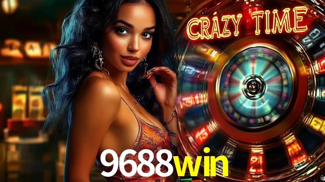 Mulher elegante ao lado da vibrante roda da fortuna do jogo de cassino ao vivo Crazy Time, um dos game shows mais populares e cheios de prêmios do 9688win.