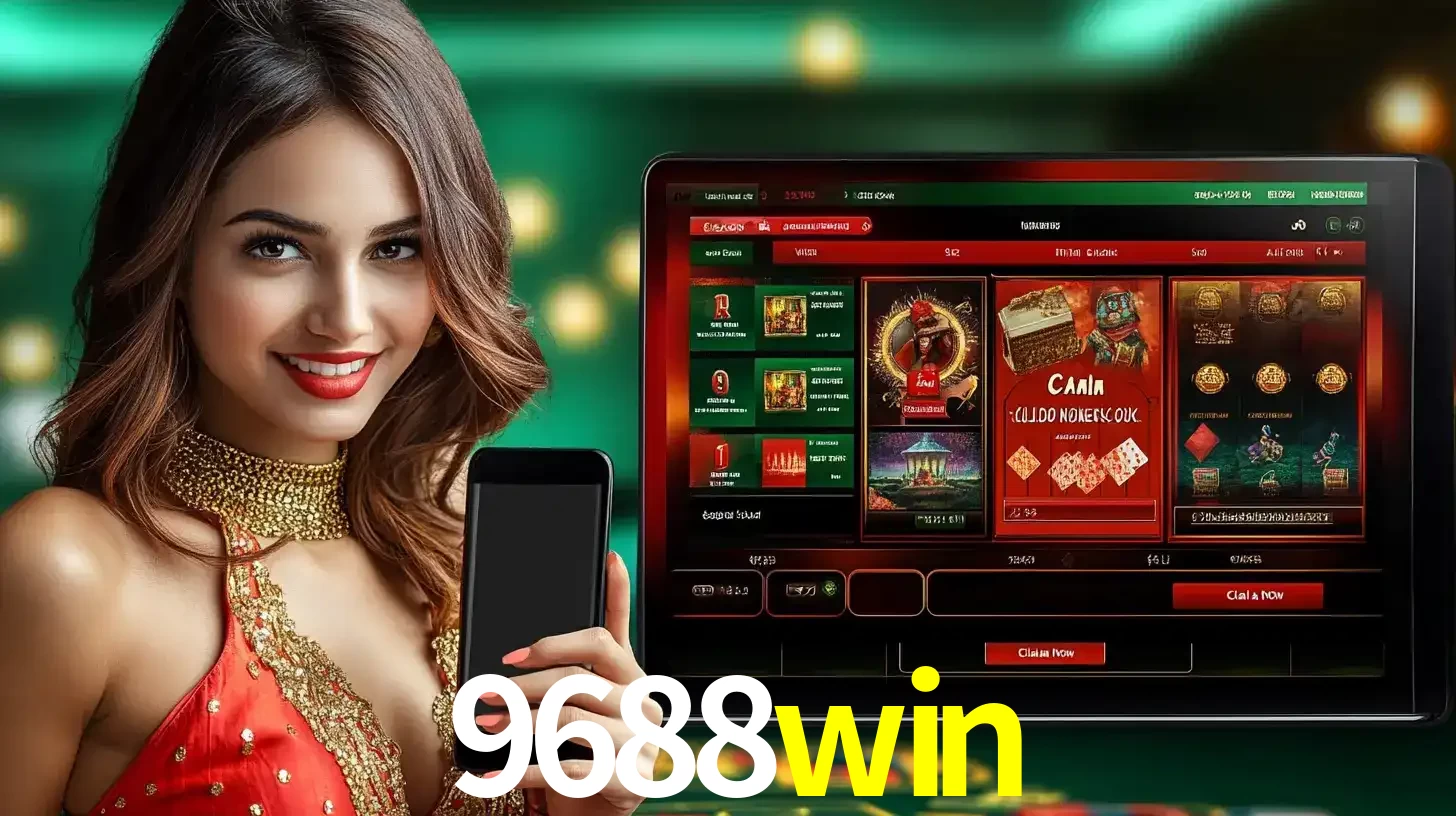 Mulher sorridente segurando um smartphone, ao lado de uma tela exibindo o lobby de jogos do cassino online 9688win, com várias opções de jogos de cartas e slots.